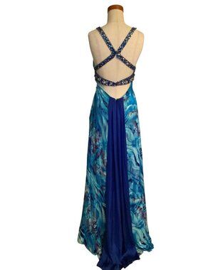 Riva Design Blue / green Beaded Silk Evening Gown With Open Back, sweeping train